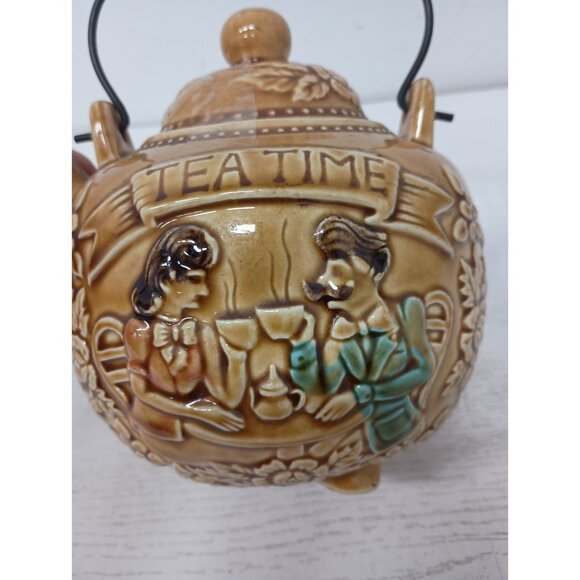 Vintage 70s Tea Time Porcelain Tea Pot Gold Embossed With Wire Handle Japan - Picture 2 of 13